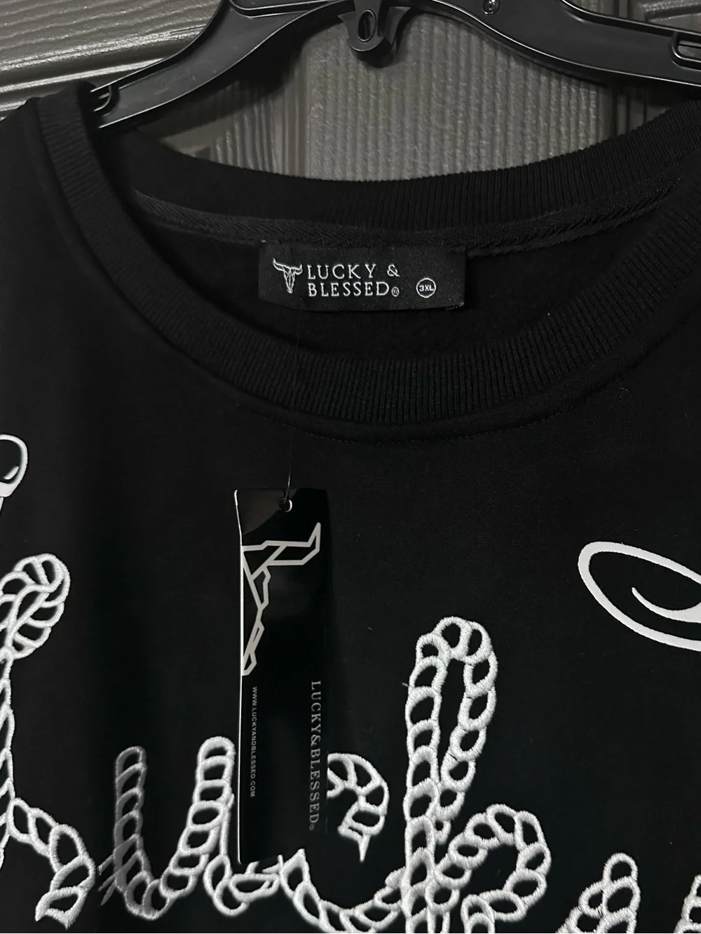 3XL Lucky & Blessed Black Crewneck Sweater with White Western Graphics